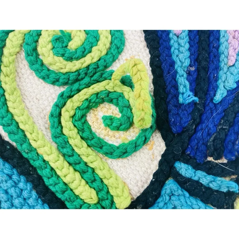 Vintage Yarn Painting Pillow Cover Folk Art Bird Embroidery Crewel Boho Ethnic